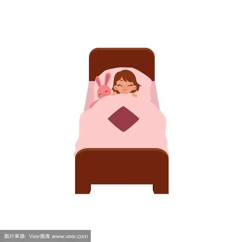 矢量平面卡通女孩睡在床上
