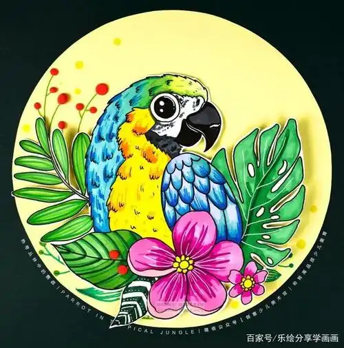 准备泡沫胶 将剪下来的鹦鹉粘贴在圆形的卡纸上