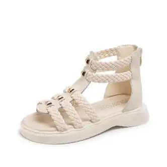 凉鞋夏季2023新款时尚露趾公主鞋中大童软底小女孩宝宝罗马鞋米白色26