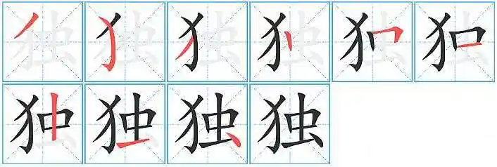 "独"的笔画顺序:撇,弯钩,撇,竖,横折,横,竖,横,点  "特"的笔画顺序