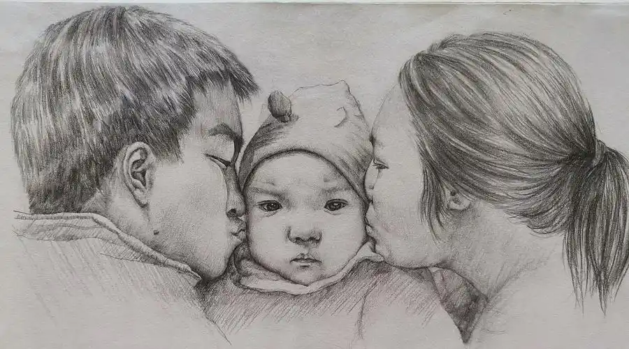 《一家三口》素描人物肖像画上海|平面设计师小小鹿人5850