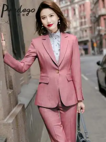 件套女时尚职业套装新款休闲西服职业装工作服粉色西装裤子l100110斤