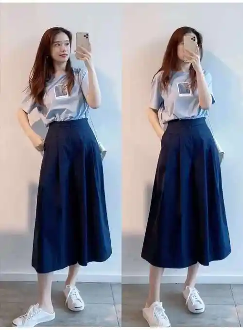 look1 baby蓝t恤 藏蓝色半身裙 白色帆布鞋半身裙优雅大气,夏天穿在