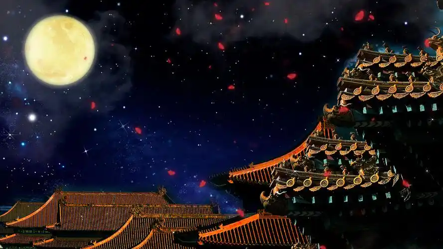 4k唯美中国风宫廷墙角月色视频背景ae模板月亮背景