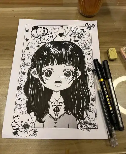 学习动漫两日成果～#动漫  #黑白装饰画  #q版  #简笔画