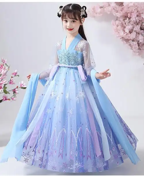 仙春秋女童夏季公主唐装纱裙小女孩新款古装蓝色裙子外套不宋鞋子130
