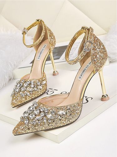 2023新款金色亮片尖头水钻高跟鞋女细跟一字扣带单鞋水晶新娘婚鞋