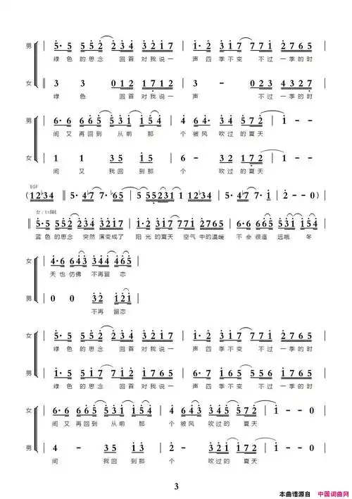 被风吹过的夏天简谱-金莎演唱-冯欣慧/林俊杰词曲1