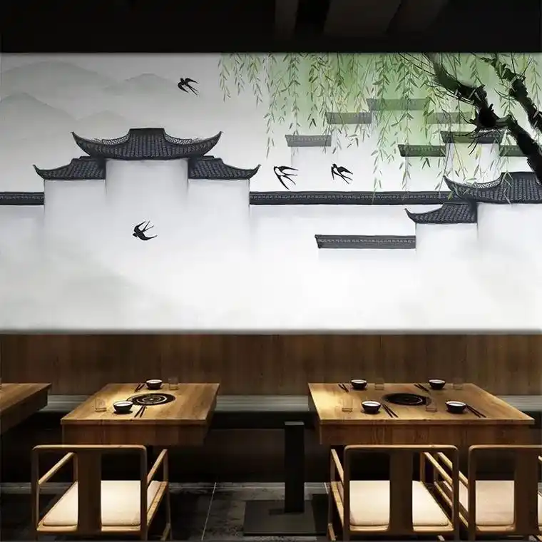 江南水乡水墨画中式壁画徽派建筑餐馆火锅饭店餐厅背景墙纸壁纸# - 抖
