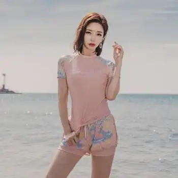 新款游泳衣女分体保守遮肚显瘦韩国泡温泉式款泳装两件套定制粉色m