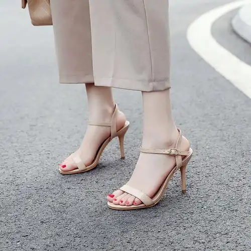 一字带扣凉鞋女细跟中跟黑色性感裸色高跟鞋