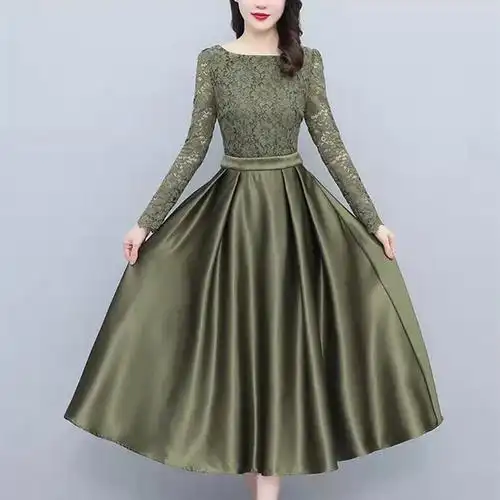 2022年大牌高端女装欧根纱连衣裙春季名媛绸缎纯色中长裙原创裙子