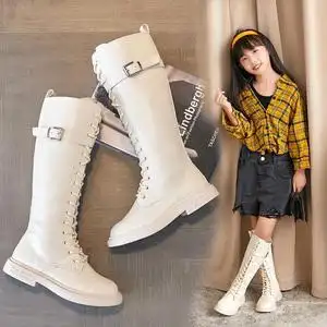儿童马丁靴女童长靴春秋新款中筒靴白色韩版长筒靴单靴女孩高筒靴