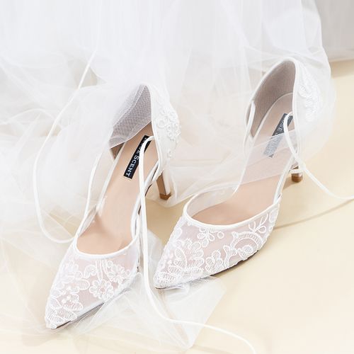 婚鞋白色绸缎蕾丝主纱高跟鞋女细新娘鞋仙韩版单鞋