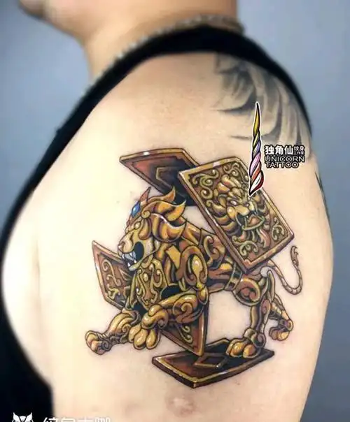 狮子座黄金圣衣纹身图片_手臂new school原创彩色动漫纹身图案