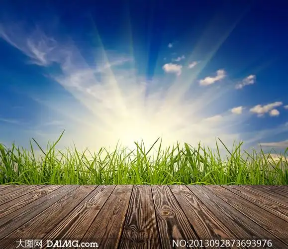 蓝天白云阳光与木地板摄影高清图片