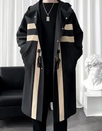 衣服潮牌男装大衣宽松男生卡其条男靓仔个性帅气时尚中长款大衣m男