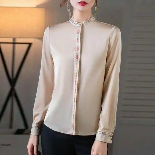 高档缎面真丝衬衣女长袖春季欧货立领刺绣桑蚕丝衬衫时尚洋气上衣
