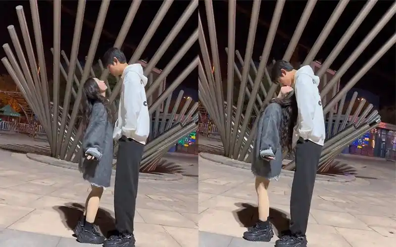 情侣身高差30厘米当众秀恩爱,360度转圈接吻看懵网友,画面太甜
