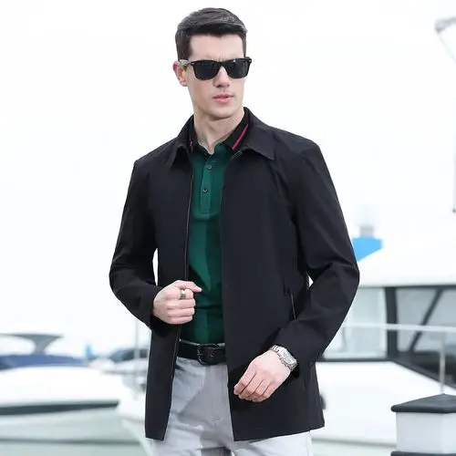 秋季新款商务休闲中老年纯色方领男士夹克外套爸爸装