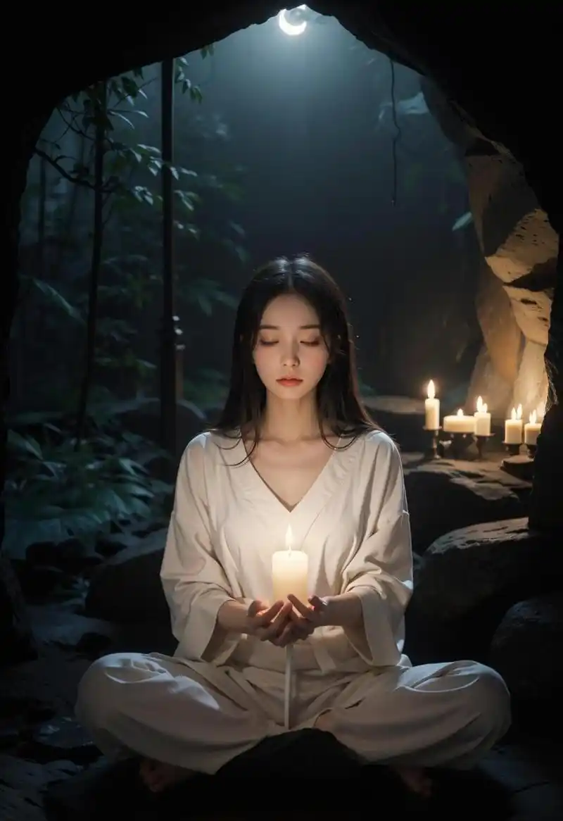 在山洞禅修的信女  在万籁俱寂的深夜,一位佛家女子步入一处深不见底