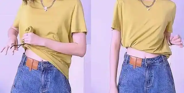 在侧面揪起一团衣角,用一个小皮筋将它捆扎起来.