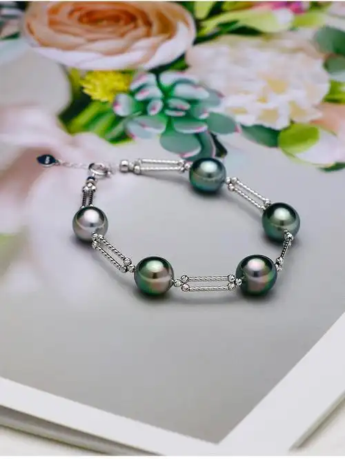 珍媄珠宝18k金910mm大溪地黑珍珠手链海水珍珠手圈配国检证书zm21zg