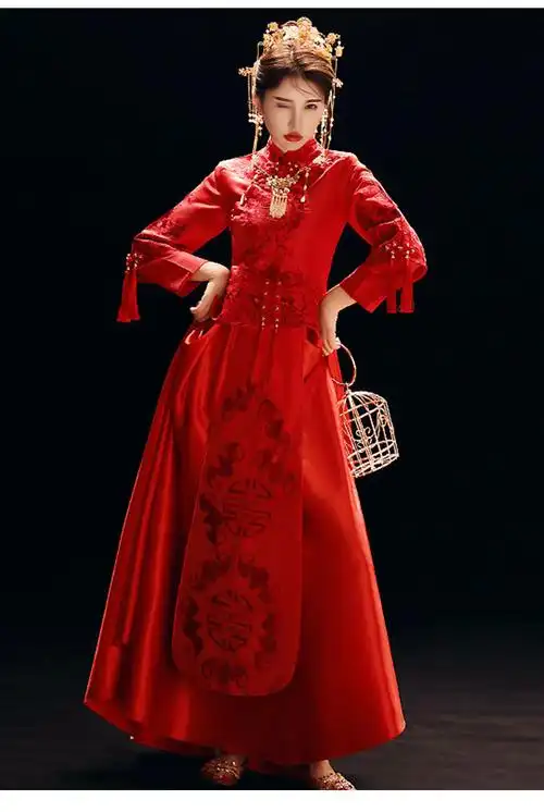 秀禾服2020新娘结婚秋冬中式婚纱女出阁服敬酒服古装嫁衣秀和 红色