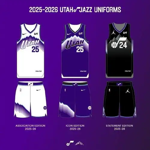 爵士官方发布了他们球队新的球衣,一共有白,蓝,黑三款颜色