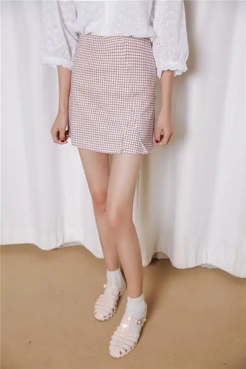 778# 778# 2017夏款实拍 小清新小格子侧开叉半身a字裙