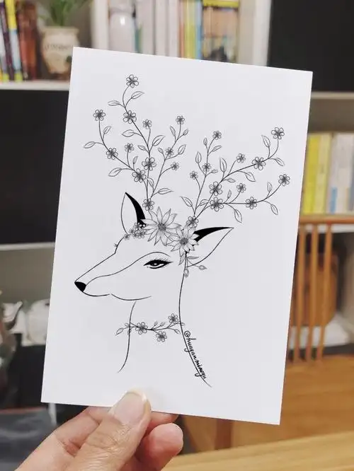 原创迷人的梅花鹿线描画步骤图线稿