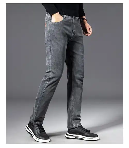灰色高端牛仔裤男士裤子直筒宽松弹力青年秋冬季休闲长裤子潮厚款