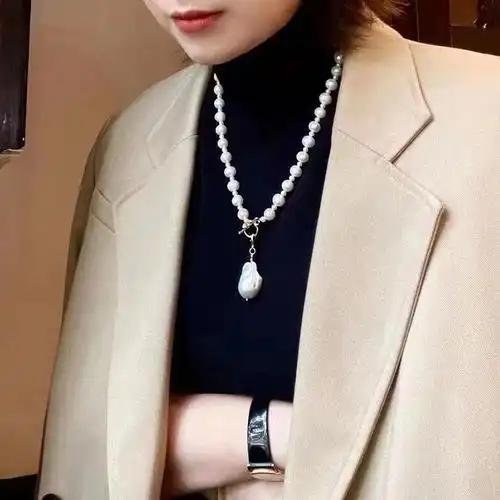 欧美轻奢巴洛克珍珠项链女8-9mm天然淡水近圆珍珠毛衣链ot扣精致