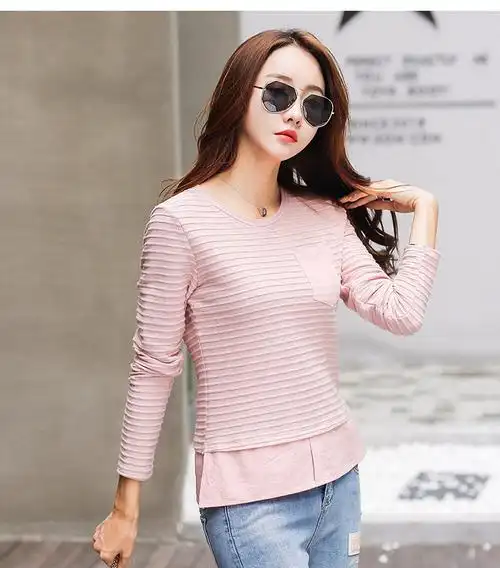 2017新款韩版秋装长袖t恤女士打底衫小清新条纹t恤上衣女_上衣_女人