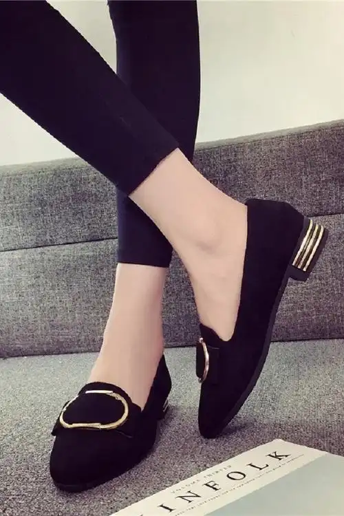 女单鞋春夏季2018新款韩版百搭方扣浅口豆豆鞋平底工作鞋黑色瓢鞋单鞋