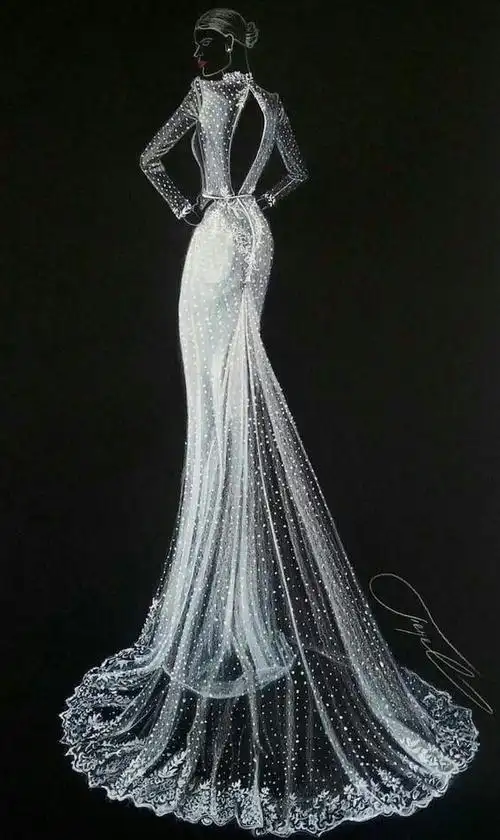 透明薄纱式婚纱设计彩铅画霸气侧漏的婚纱彩铅画优雅婉转的婚纱彩铅画