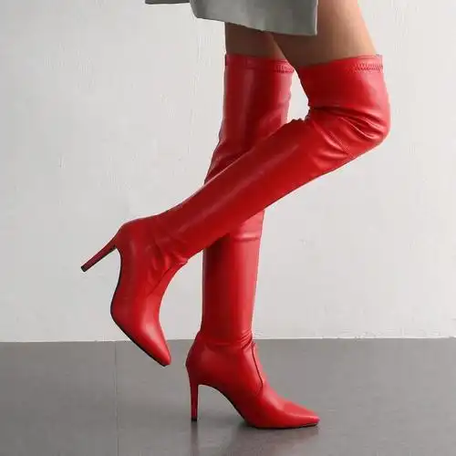 好格莱旗舰店的优惠券大全—灰色杏色红色靴子女尖头鞋细跟高跟弹力瘦