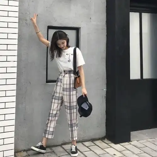 夏季素描人脸字母印花上衣短袖t恤 高腰格子裤九分直筒裤套装女潮