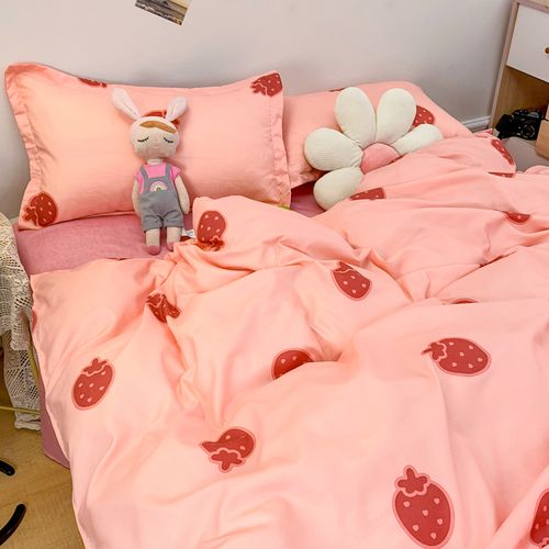 韩系ins风少女心粉色草莓可爱风水洗棉床单被套四件套单人三件套