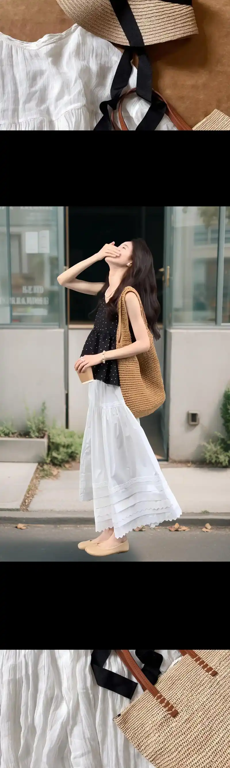 姐妹们～这款韩系波点小衫搭配白色高腰半身裙,洋气温柔又减龄!