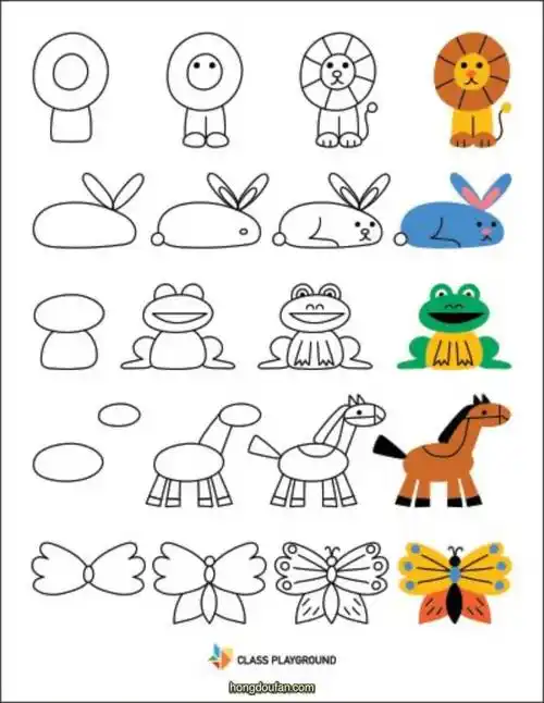 一步一步学习画狮子兔子青蛙马和蝴蝶-红豆饭小学生简笔画大全