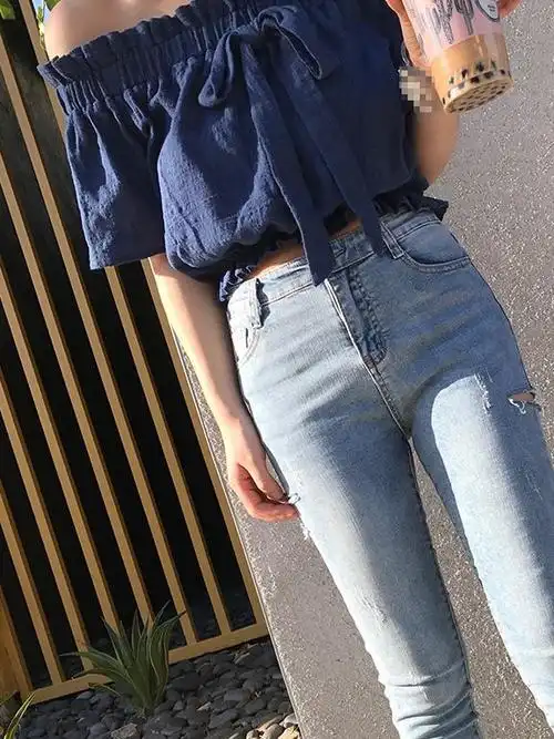 清爽干净的牛仔裤小姐姐,质朴宁静,为炎夏增加一道风采!|高腰|撞色|纯