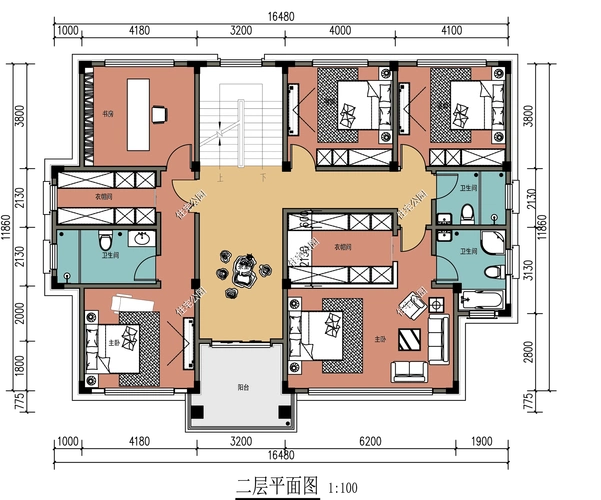 48m×11.86m户型五平面布局图如下:建
