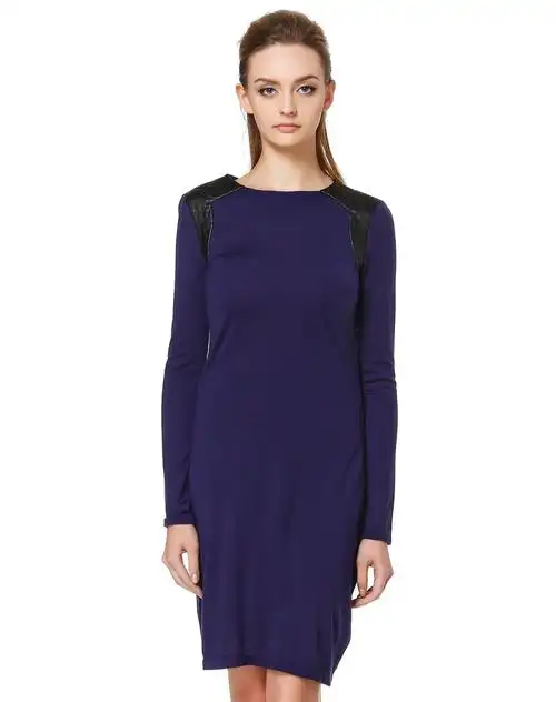 深紫蓝色简约魅力长袖连衣裙