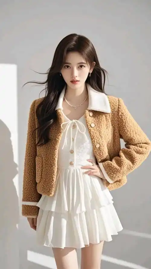 鞠婧祎,白色雪纺连衣裙,棕色小外套