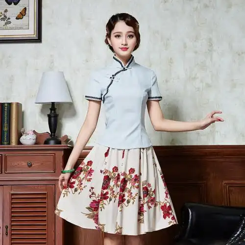 蕴诗坊新款民国风修身优雅文艺气质时尚清新短袖复古旗袍上衣