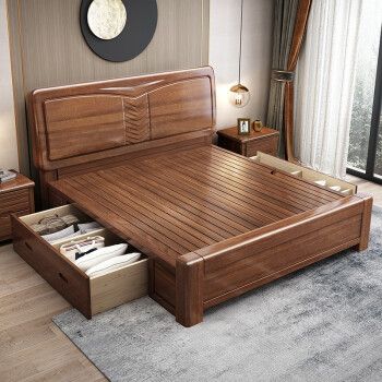 床 新款胡桃木双人床现代简约主卧婚床 气压高箱储物中式卧室实木床