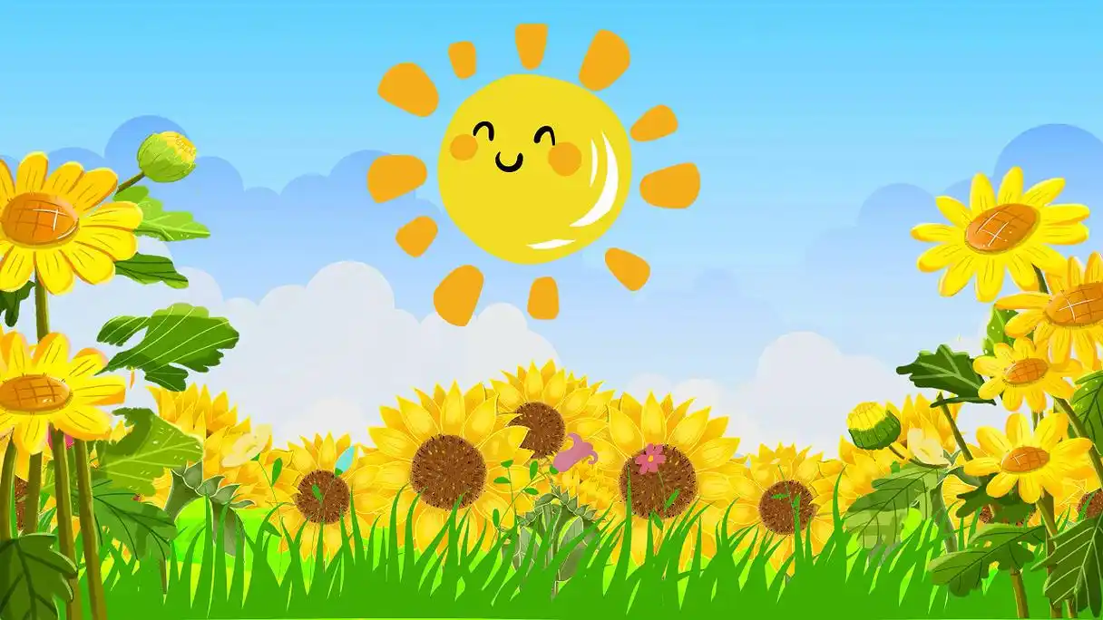 卡通动画太阳蓝天草地向日葵摇曳背景卡通背景