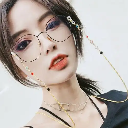 贝佳淑新品口罩链眼镜女韩版潮复古金丝多边形素颜圆脸眼镜框带链子男