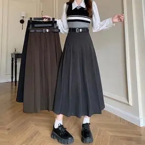 春秋厚实大码毛呢压褶半身裙女装胖妹妹显瘦中长款野野圆